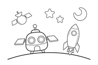 A space scene with a space station, a satellite and a rocket – Space Tech Spaceship coloring page