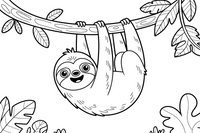 A sleepy smiling sloth hanging from a jungle branch – Safari & Jungle Wild Animals coloring page