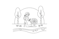 A fairy woman with a spinning wheel near a stream – Lietuviškos pasakos coloring page