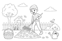 A child raking a big pile of leaves in the garden – Chores & Helping coloring page
