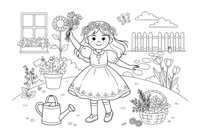 A girl wearing a flower wreath of daisies and cornflowers on her head – Herb Day coloring page