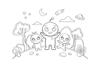An alien family: one big alien and two little baby aliens – Friendly Alien coloring page