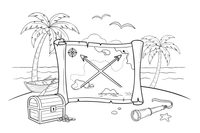 A rolled-out treasure map with an X marking the spot – Adventure Gear coloring page