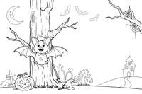 A bat peeking out from a tree hollow – Halloween Bat coloring page