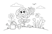 A rose with a butterfly beside it – Elegant Rose Flower coloring page
