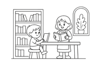 A whole library scene with tall shelves, tables, a reading child and a librarian – Cozy Library Place coloring page