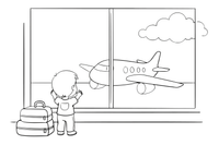 A child looking out the big airport window at a plane – Travel & Journeys Place coloring page