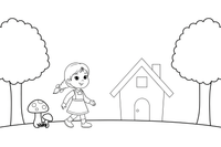 Goldilocks walking through the forest toward a little cottage – Goldilocks and the Three Bears Story coloring page