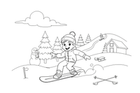 A kid on a snowboard with arms out for balance – Winter Sports Adventure coloring page