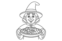 The witch offering the children a plate of treats – Hansel and Gretel Story coloring page