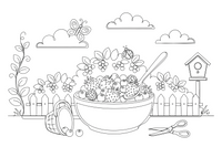 A bowl of berries with a spoon – Juicy Berries coloring page