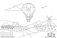 A hot air balloon over a patchwork of fields – Colorful Hot Air Balloon coloring page