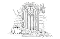 A cottage door with autumn leaves and a pumpkin – Cottages coloring page