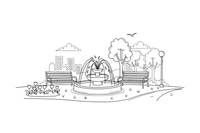 A park in the city with benches, trees and a fountain – Vibrant City Places coloring page