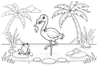 A flamingo under a palm tree – Flamingo Pond coloring page