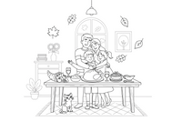 A family hugging together by the dinner table – Thanksgiving Autumn coloring page