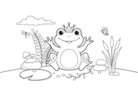 A smiling frog wearing a tiny crown – Curious Frog Wild coloring page