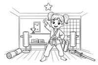 A karate kid girl with a medal, giving a thumbs up – Martial arts Fighters coloring page