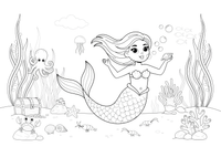 Mermaid blowing bubbles near a kelp forest – Mystical Mermaid coloring page