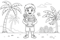 A child with a fruit basket – Tropical Fruits coloring page