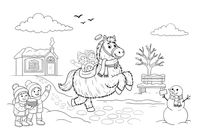 A costumed horse made of straw with people underneath, walking in the snow – Pancake Day Winter Treat coloring page