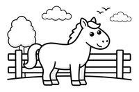 Horse at a fence by the ranch – Galloping Horse Farm coloring page