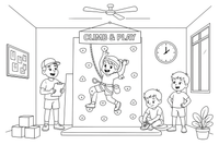 An indoor climbing wall with a child climbing – Fun & Leisure Place coloring page