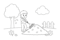 A child raking a big pile of leaves in the garden – Chores & Helping coloring page