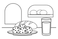 A plate of chocolate chip cookies next to a glass of milk – Classic Bakery & Bread coloring page