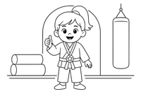 A karate kid girl with a medal, giving a thumbs up – Martial arts Fighters coloring page