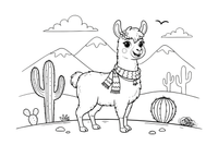 A llama with cactus and mountains behind it – Llama coloring page
