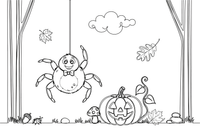 A spider hanging near a smiling pumpkin – Spiders coloring page