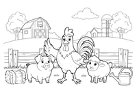 A cheerful farmyard with a rooster on the fence, a pig and a sheep nearby – Playful Farm Animal coloring page