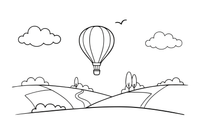 A hot air balloon over a patchwork of fields – Colorful Hot Air Balloon coloring page