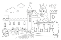 A queen waving from a balcony to the crowd below – Enchanted Magic Folk Fairytale Characters coloring page