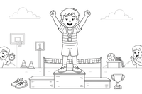 A child standing on a little podium with a medal – Sports Day coloring page