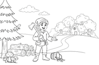 A friendly woodcutter with an axe over his shoulder – Little Red Riding Hood Story coloring page