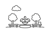 A park in the city with benches, trees and a fountain – Vibrant City Places coloring page