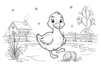 The duckling in the winter snow by a frozen pond – The Ugly Duckling Story coloring page