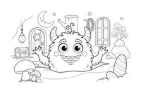 One big fuzzy monster face up close, huge round eyes and a happy grin – Monsters coloring page