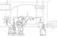 A child looking out the big airport window at a plane – Travel & Journeys Place coloring page