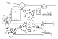 A child sitting cross-legged with eyes closed, taking a deep breath – Yoga coloring page