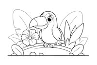 A toucan by tropical flowers – Toucan coloring page