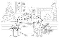 A bowl of tangerines with a spruce branch beside it – Christmas Eve coloring page