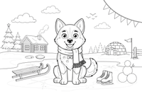 Husky sitting on a frozen lake – Husky Dog Playtime coloring page