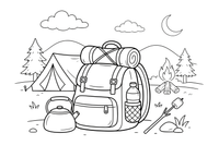 A backpack with a rolled sleeping bag on top – Essential Camping Gear coloring page