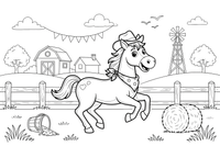 Horse at a fence by the ranch – Galloping Horse Farm coloring page