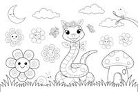 Grass Snake and Mystic Flowers – Enchanted Grass Snake coloring page