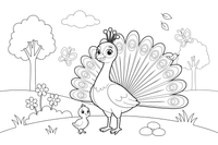 A smiling peacock with a crown of feathers on its head – Peacock Bird coloring page