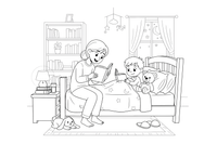 A child reading a bedtime story with a parent – Daily Routine Activities coloring page